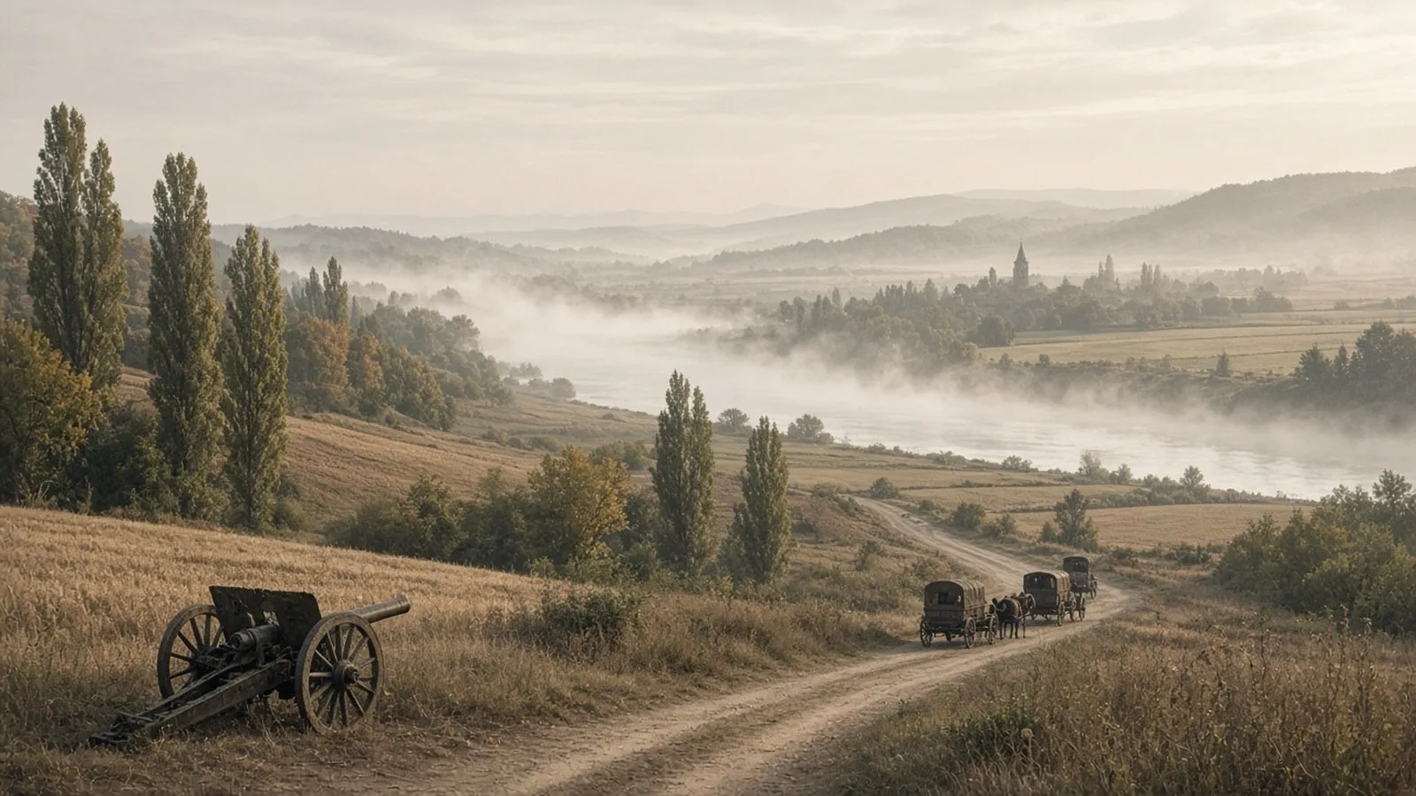 A misty early autumn morning over a wide river valley in northern France, with poplar trees, harvested wheat fields and a dirt country road winding down the slope, with an abandoned early-1900s field