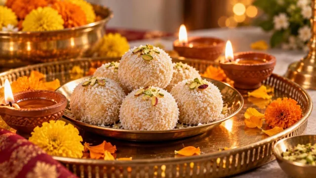 Plate of coconut ladoos with pistachios beside lit diyas and marigolds