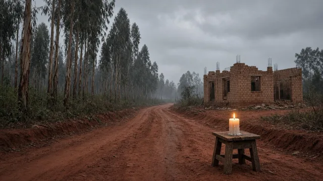 A red-earth road through a eucalyptus plantation beside a half-built brick house, with a lit memorial candle on a wooden stool.