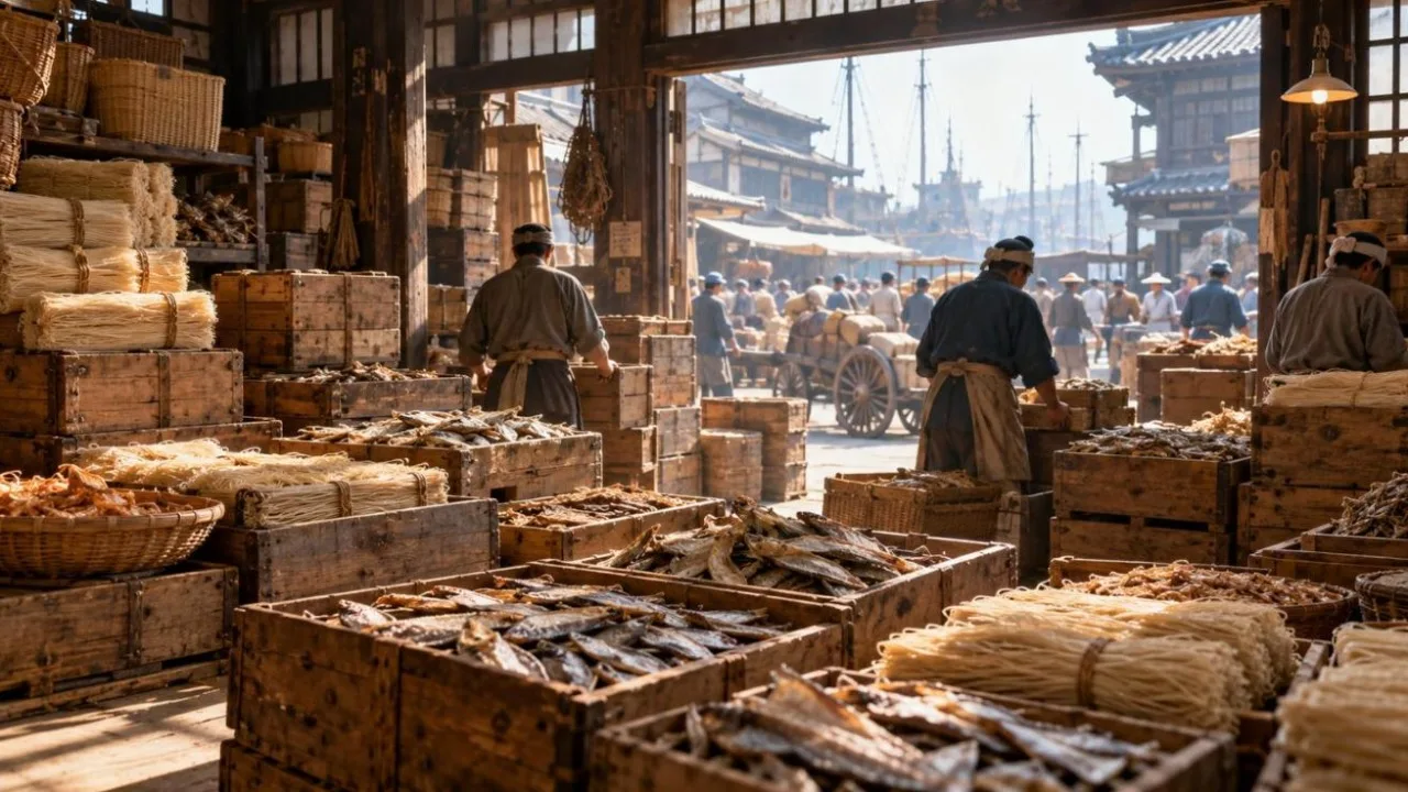 1930s East Asian trading warehouse with stacked wooden crates of dried fish and noodles