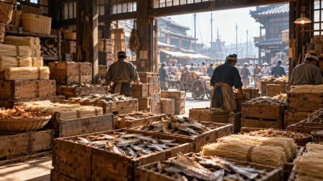 1930s East Asian trading warehouse with stacked wooden crates of dried fish and noodles