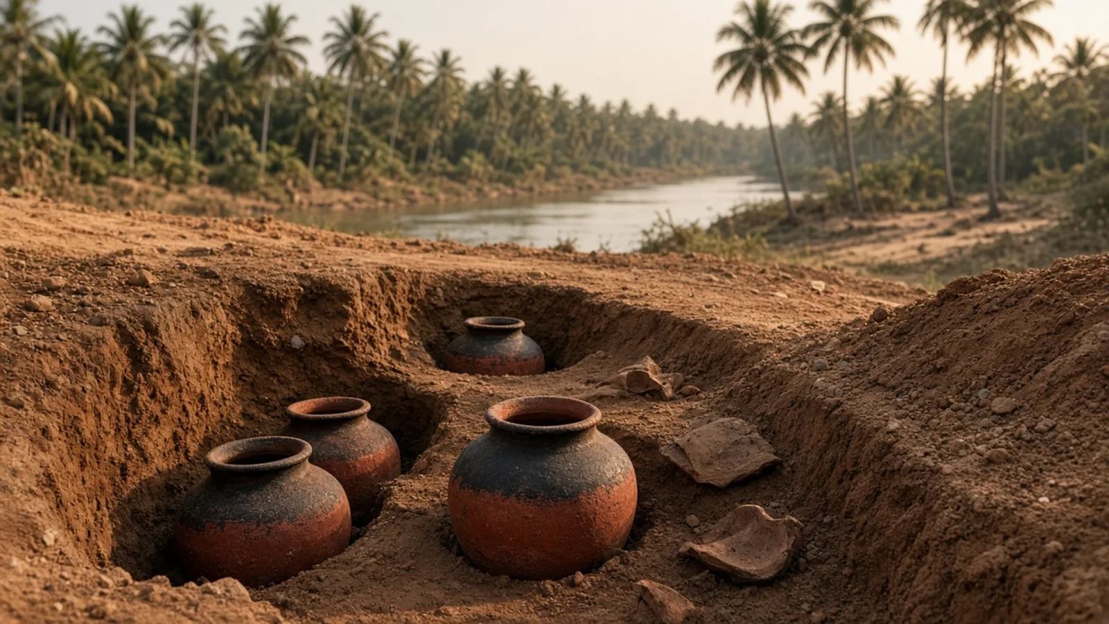 Iron Age black-and-red ware burial urns partly excavated in red soil on a mound beside the Tamirabarani river with palms, evoking Adichanallur