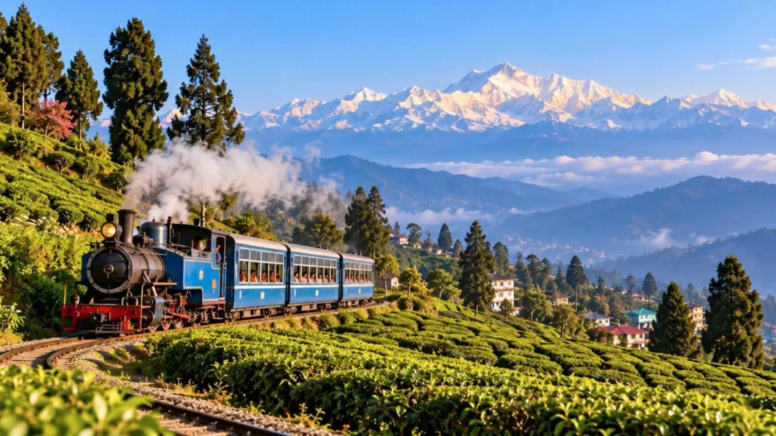 Darjeeling Himalayan Railway toy train passing tea gardens with Kanchenjunga in the background