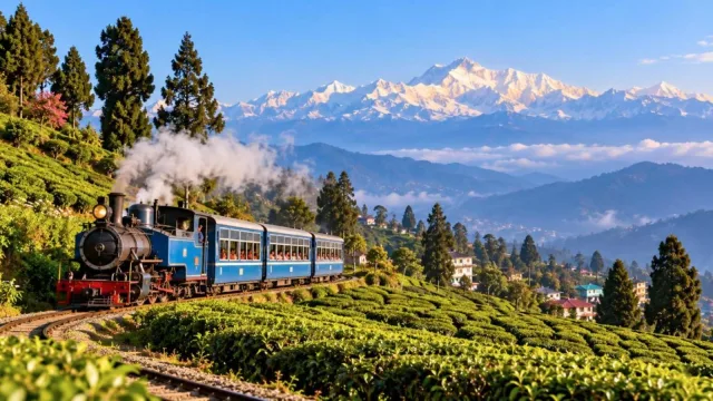 Darjeeling Himalayan Railway toy train passing tea gardens with Kanchenjunga in the background