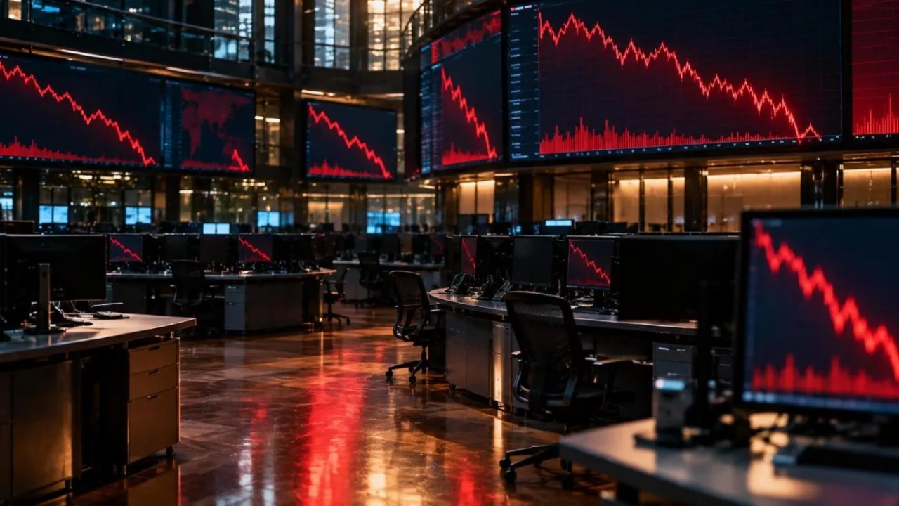 A trading floor with large screens showing red falling charts at closing time