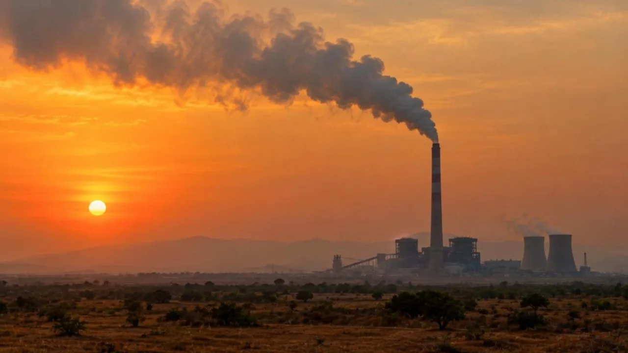 A coal power station chimney releasing smoke into an orange sunset sky
