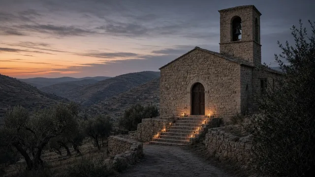 A stone village church with a bell tower at dusk in dry hills, candles lit on its steps and olive trees around it, in a somber, empty scene