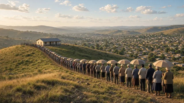 A long, peaceful queue of voters winding across a hillside towards a polling station, illustrating South Africa's first democratic election in 1994