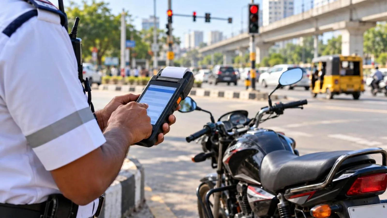 A handheld e-challan device and a parked motorcycle at a city junction with traffic lights