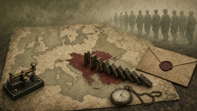 Dominoes toppling across a vintage map of Europe beside a telegraph key and pocket watch, illustrating how World War I began