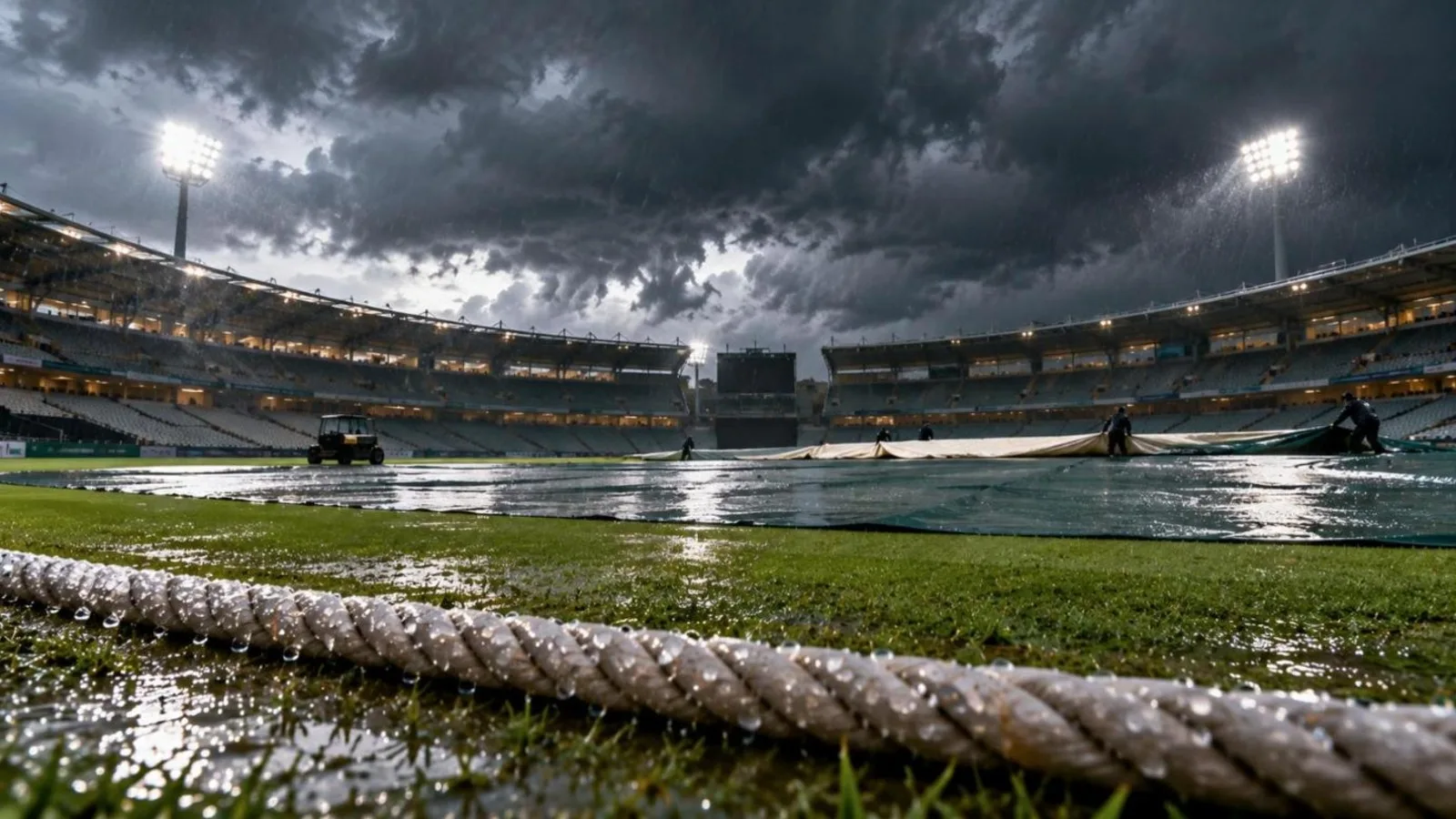 Rain clouds over a cricket stadium with covers being pulled over the pitch
