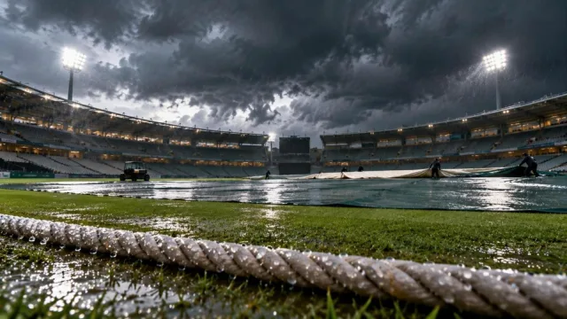 Rain clouds over a cricket stadium with covers being pulled over the pitch