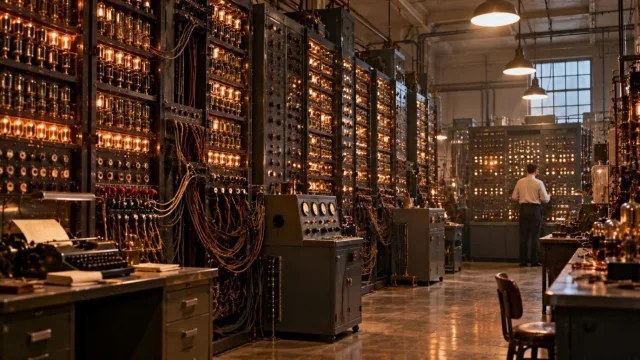 Room-sized 1940s vacuum-tube computer with panels of switches, cables and lights