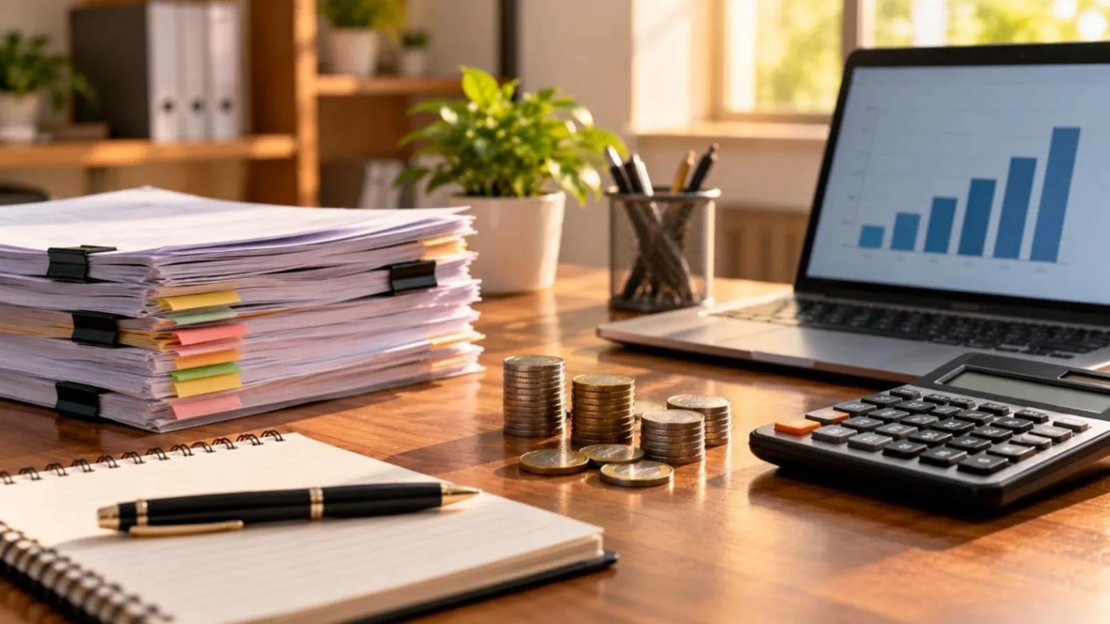 A desk with blank forms, a calculator, rupee coins and a laptop with a bar chart