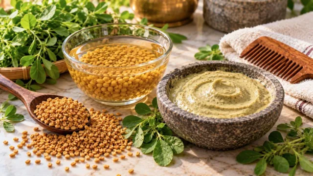 Fenugreek seeds on a wooden spoon, soaked methi in a glass bowl and a fenugreek hair mask paste in a stone bowl
