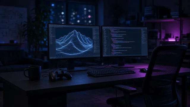 Dimly lit game studio desk with multiple monitors showing wireframe 3D environments and lines of code