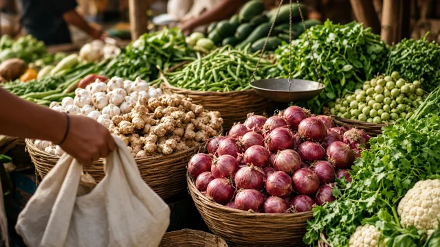Onions, garlic and vegetables piled at an Indian market stall, illustrating rising food inflation in September 2026