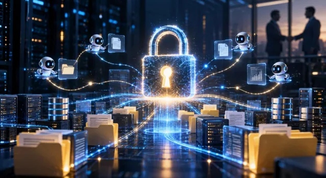 Digital padlock over streams of enterprise data representing AI data security