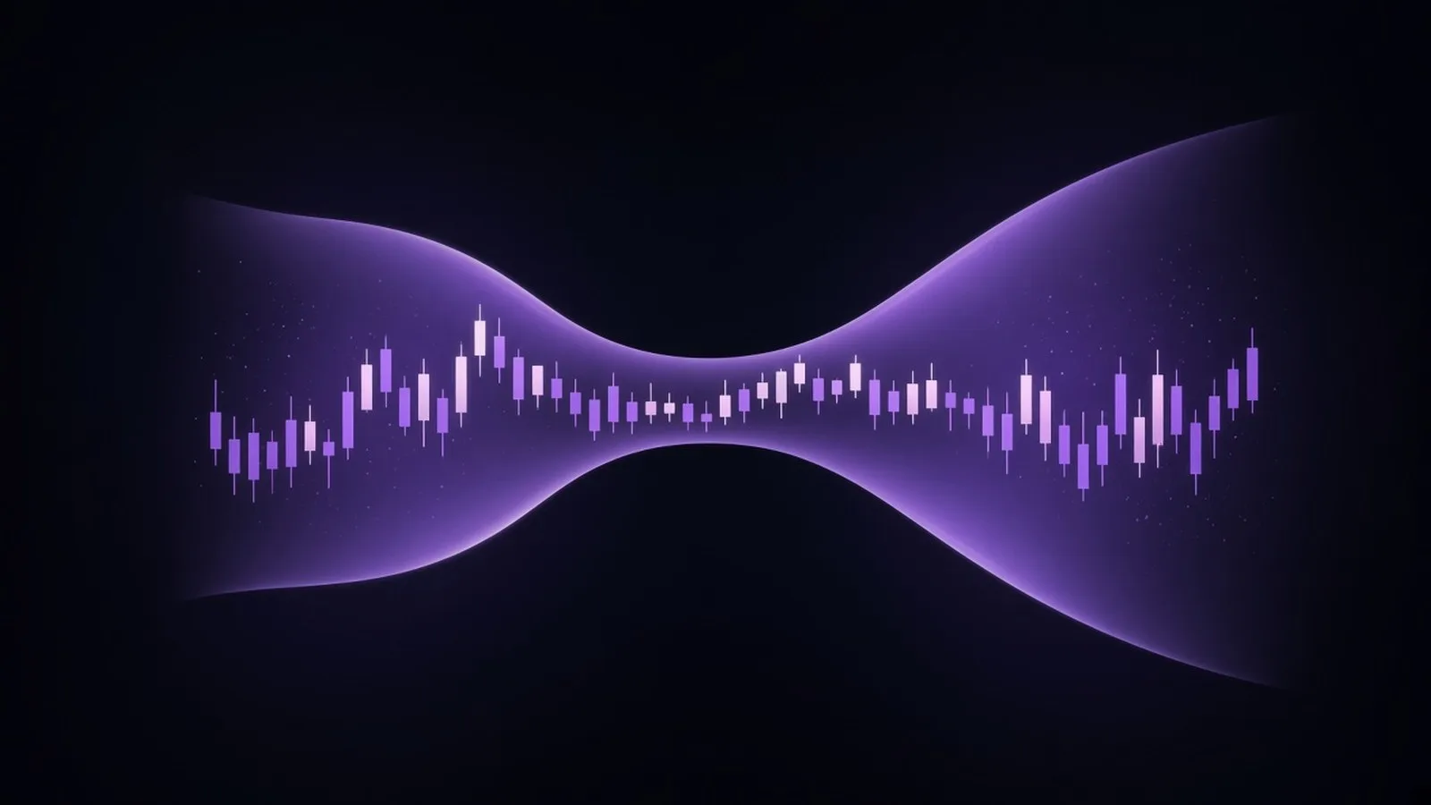 Abstract purple volatility envelope around candlestick-style bars, pinching into a tight squeeze in the middle before widening sharply on the right