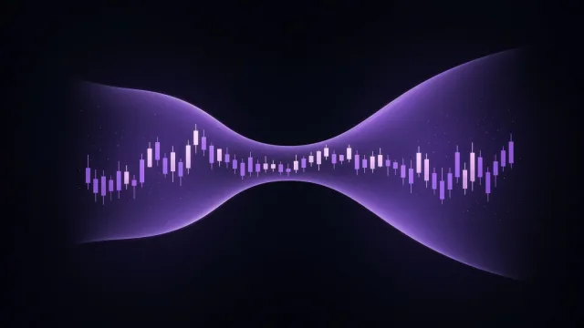 Abstract purple volatility envelope around candlestick-style bars, pinching into a tight squeeze in the middle before widening sharply on the right