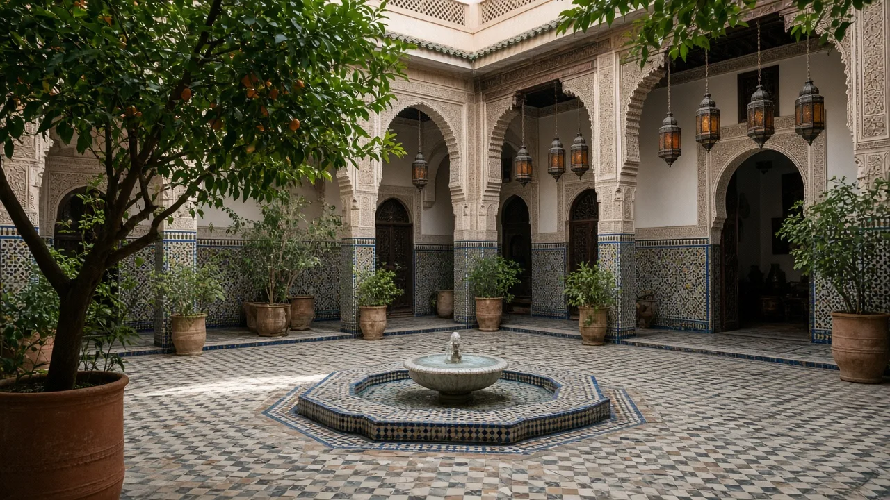 A tiled courtyard with a fountain and orange trees inside a traditional riad in Marrakech