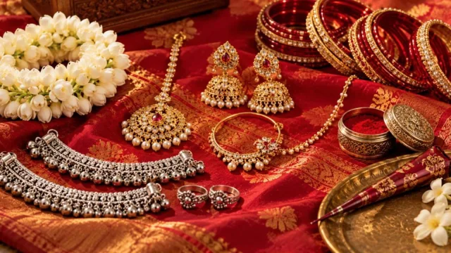 Indian bridal adornments on red silk: maang tikka, jhumkas, nath, bangles, silver anklets, toe rings, sindoor box, mehndi cone and jasmine