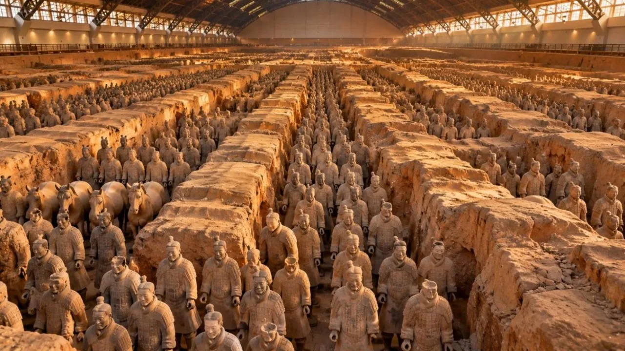 Rows of terracotta warrior statues in an excavation pit in Xian