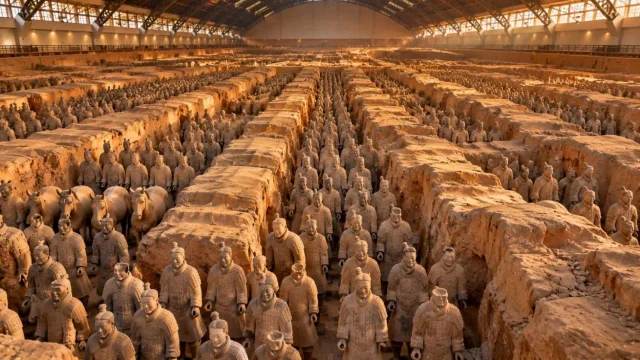 Rows of terracotta warrior statues in an excavation pit in Xian