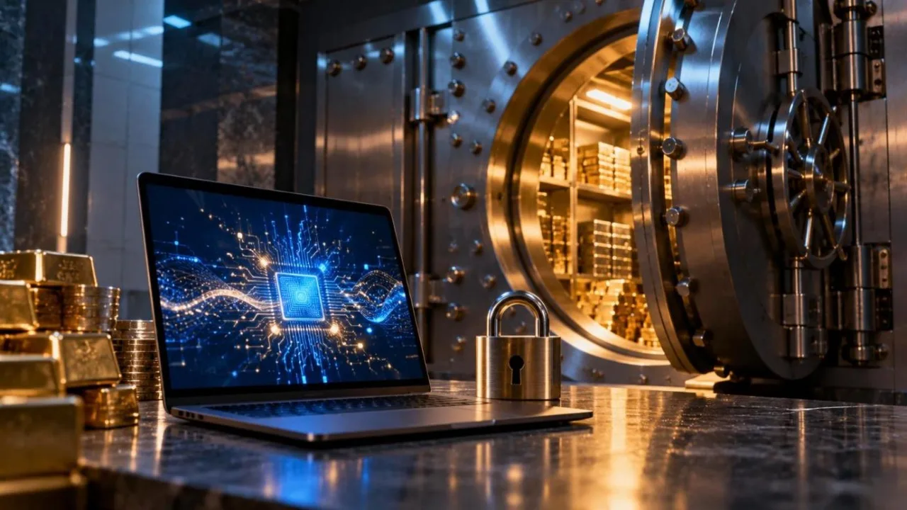 Bank vault door with a laptop showing a glowing circuit pattern and a padlock