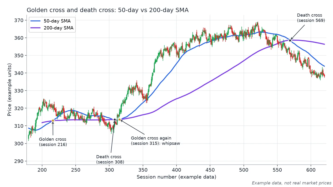 Example price candles with 50-day and 200-day SMAs, marking golden crosses at sessions 216 and 315, a death cross at 308 that reversed within days, and a late death cross at 569